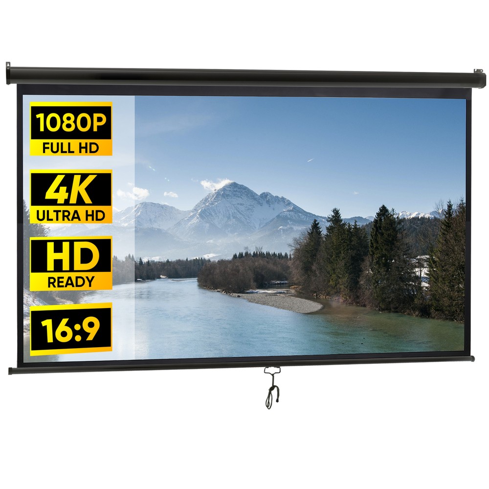 100" Projector Screen Pull Down Manual 16:9 HD Ceiling Wall Mount Black Portable
