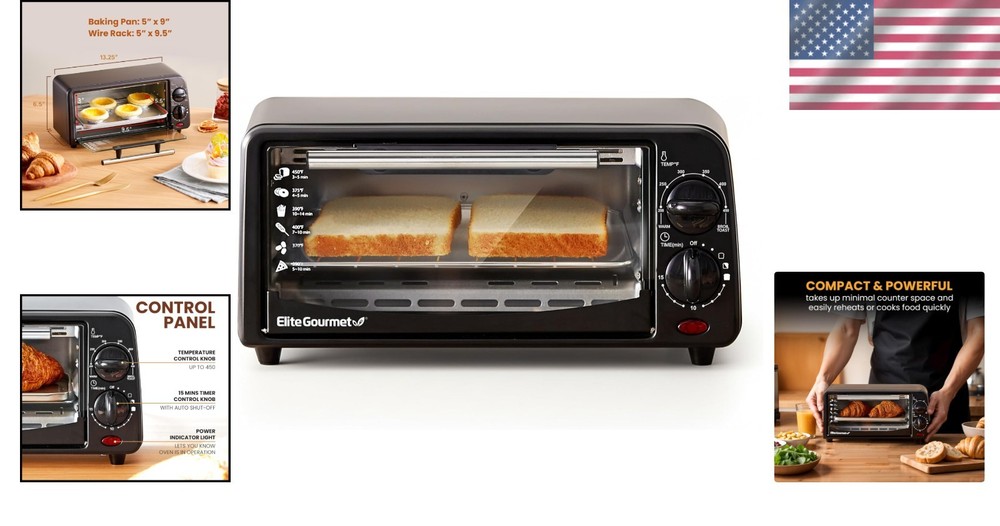 Compact 2-Slice Toaster Oven with Timer & Adjustable Temp - Elegant Black Finish