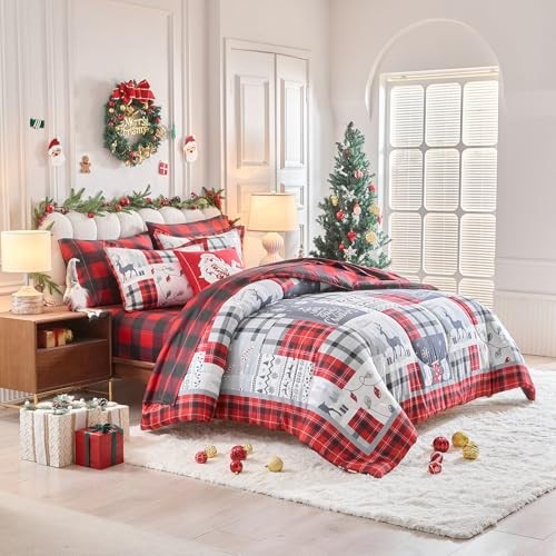 Christmas 7 Pieces Queen Comforter Sheet Set Patchwork Queen-7pieces Gray-red