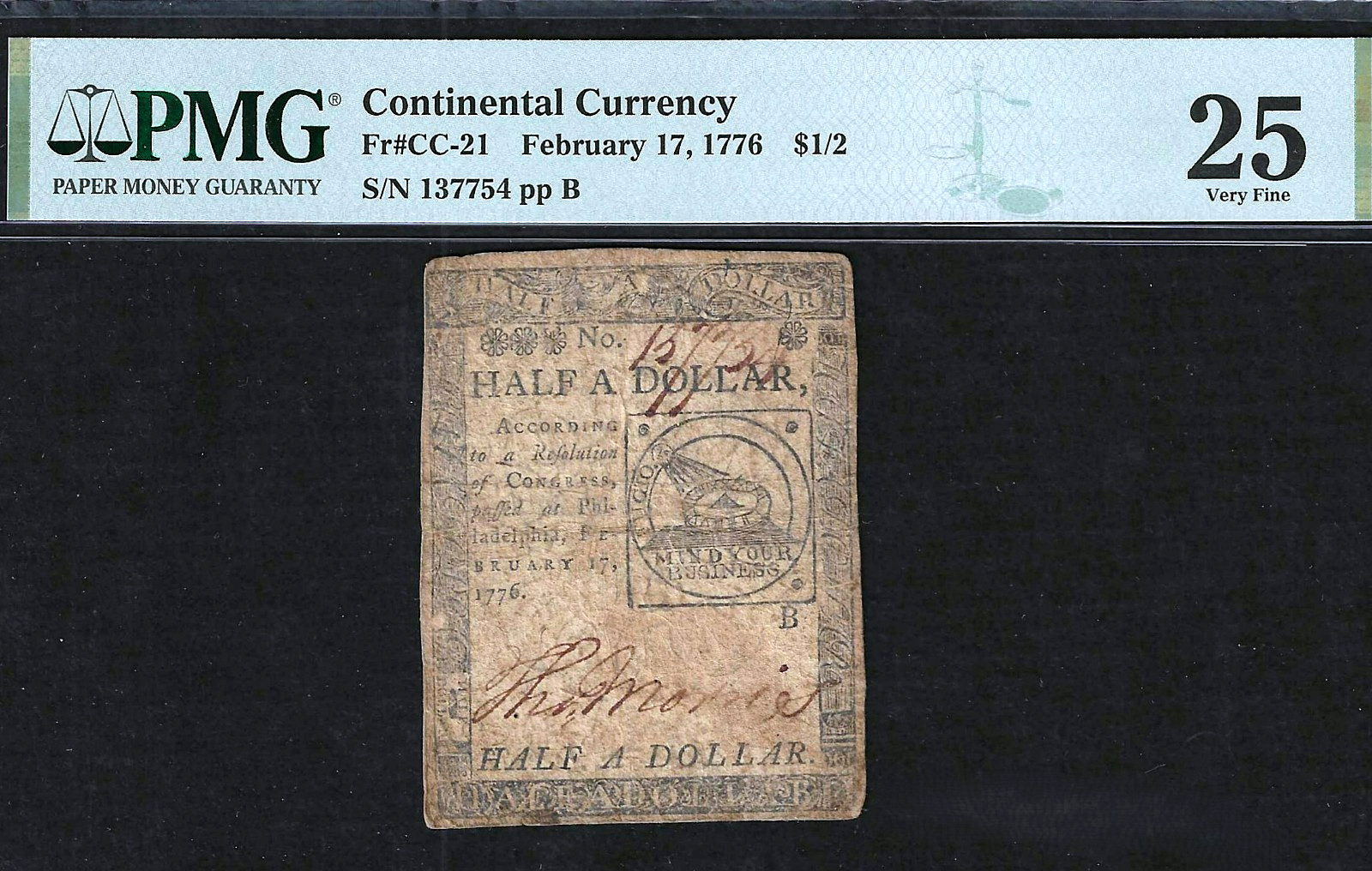 1776 CONTINENTAL CURRENCY $1/2  DOLLAR ~ CC-21 ~ FUGIO DESIGN ~ PMG VERY FINE 25