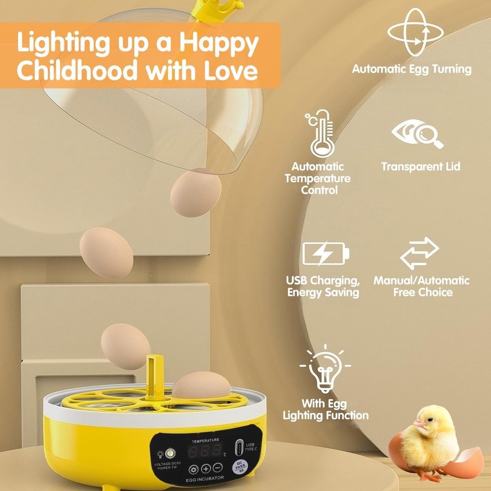 4 Eggs Mini Incubator with Transparent Lid,7W Automatic Temperature Humidity ...