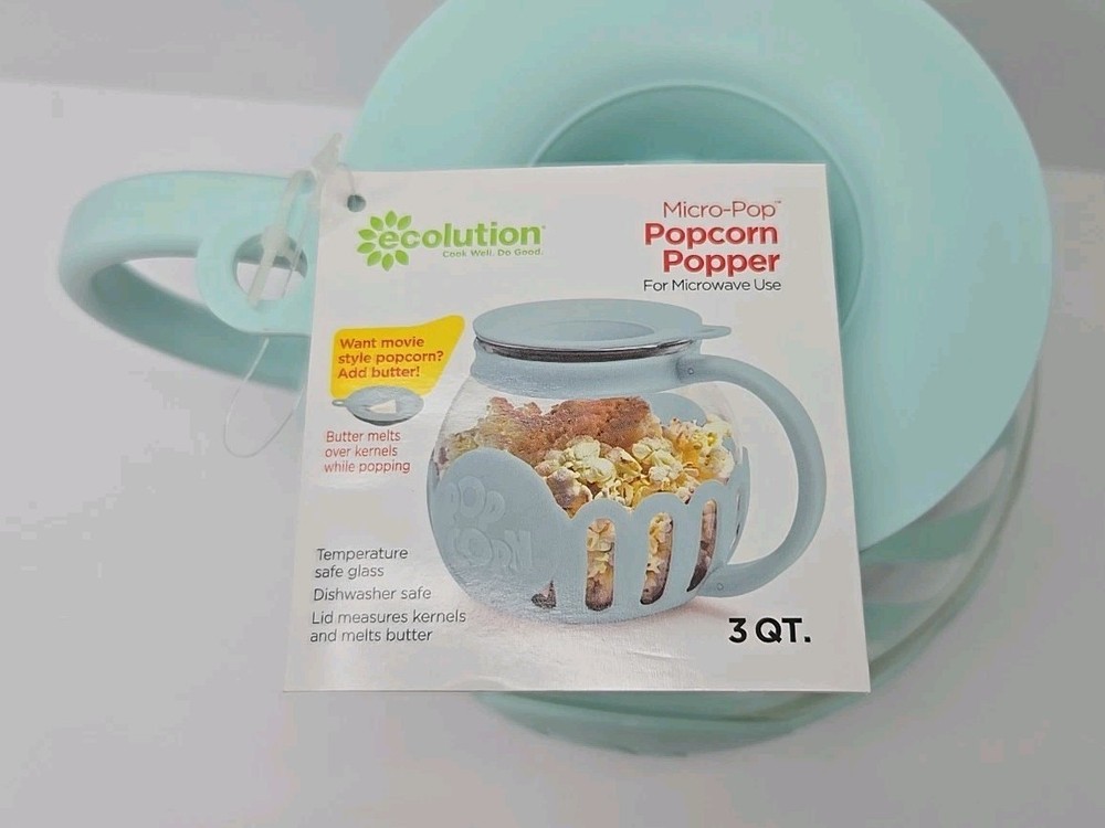 Ecolution Micro-Pop 3 Quart Microwave Popcorn Popper Aqua Mint Light Blue New