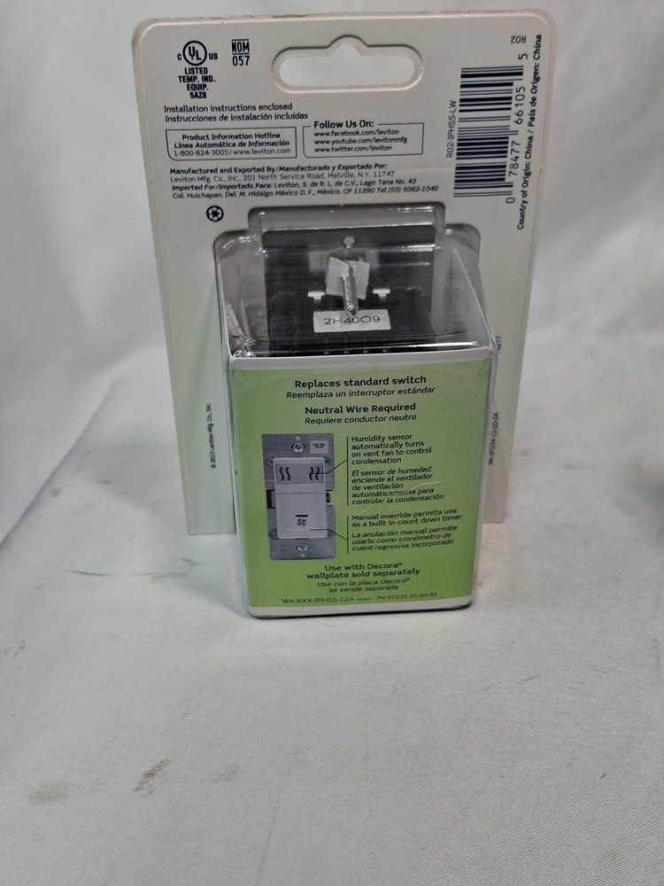 Leviton Decora Humidity Sensor/Fan Control IPHS5, White,