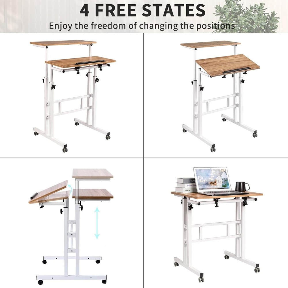 Compact Rolling Computer Desk - Ergonomic Height Adjustable in Vintage Oak