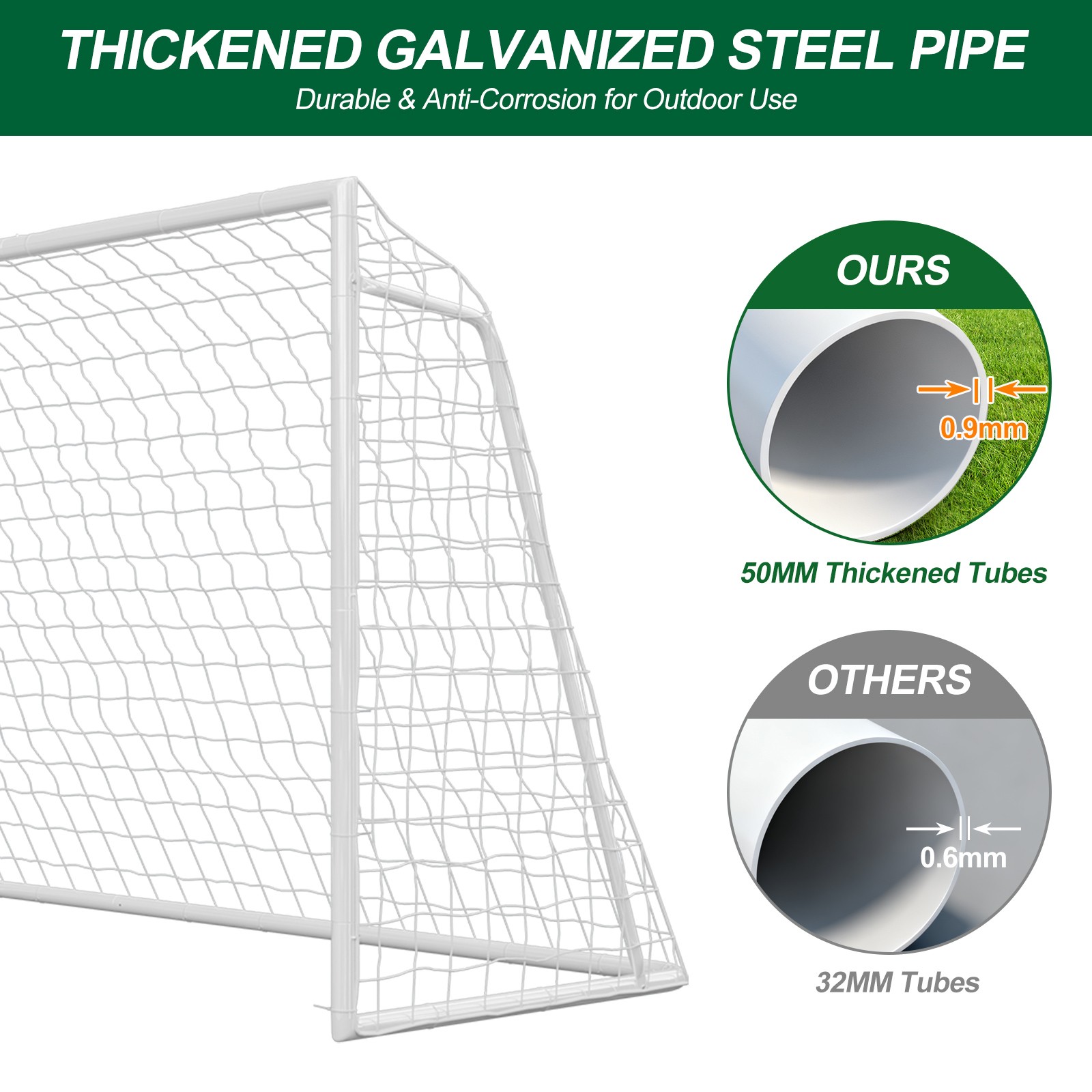 Pro Soccer Goal Set 16x7ft w/6 Cones & Net, Heavy Duty 50mm Steel