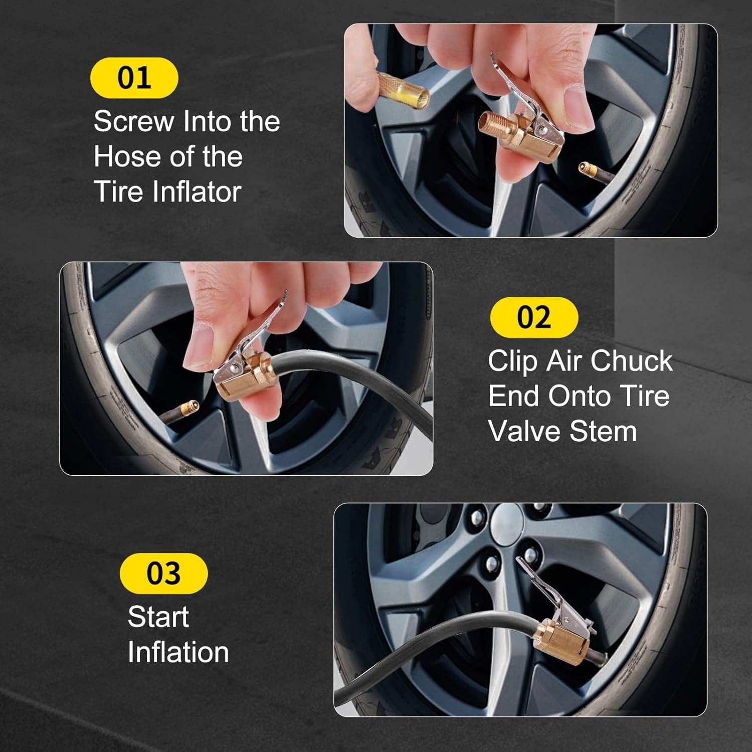 2-Pack Brass Tire Air Chuck, Locking Quick Connect Inflator Hose Adapter, No Lea