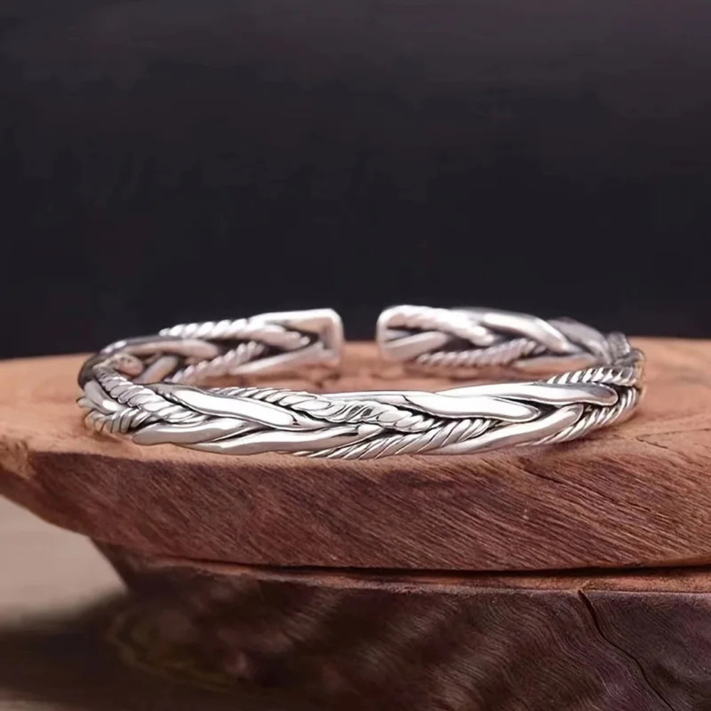 Solid 925 Sterling Silver Men’s Viking Bangle Bracelet Adjustable & Gift Bag