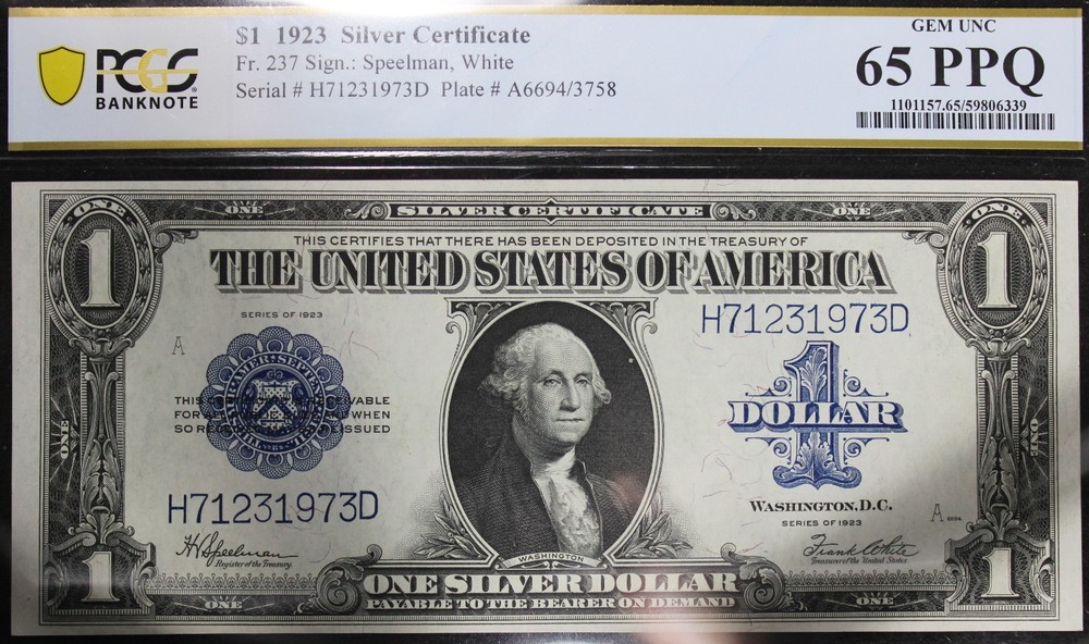 1923 65PPQ FR. 237 Silver Certificate 1$ Note, SN H71231973D