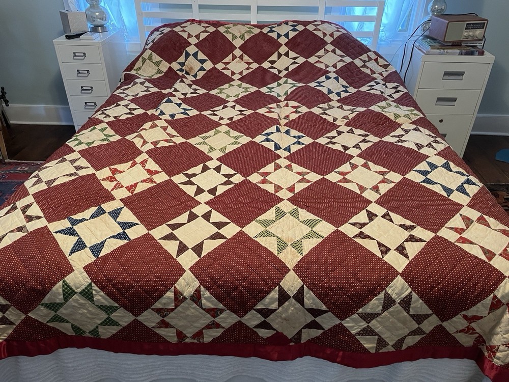 19th c. patchwork star quilt hand stitched 86x94"