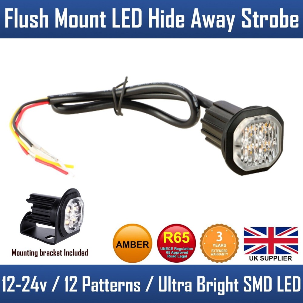 ROUND BUTTON LOW PROFILE FLUSH FIT AMBER LED STROBE EMERGENCY WARNING LIGHT