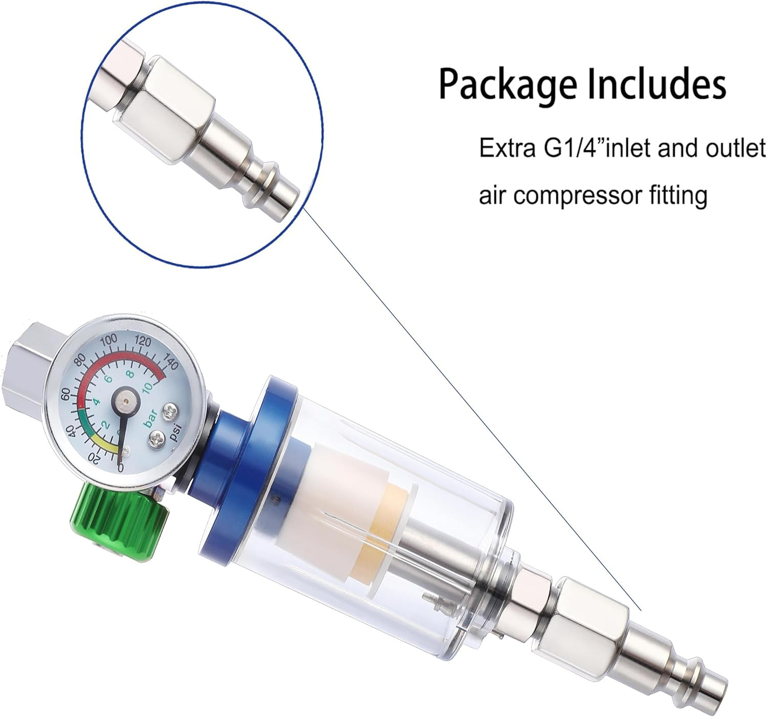 Oil Water Separator, Air Filter with Pressure Gauge, Pressure Regulator for Air