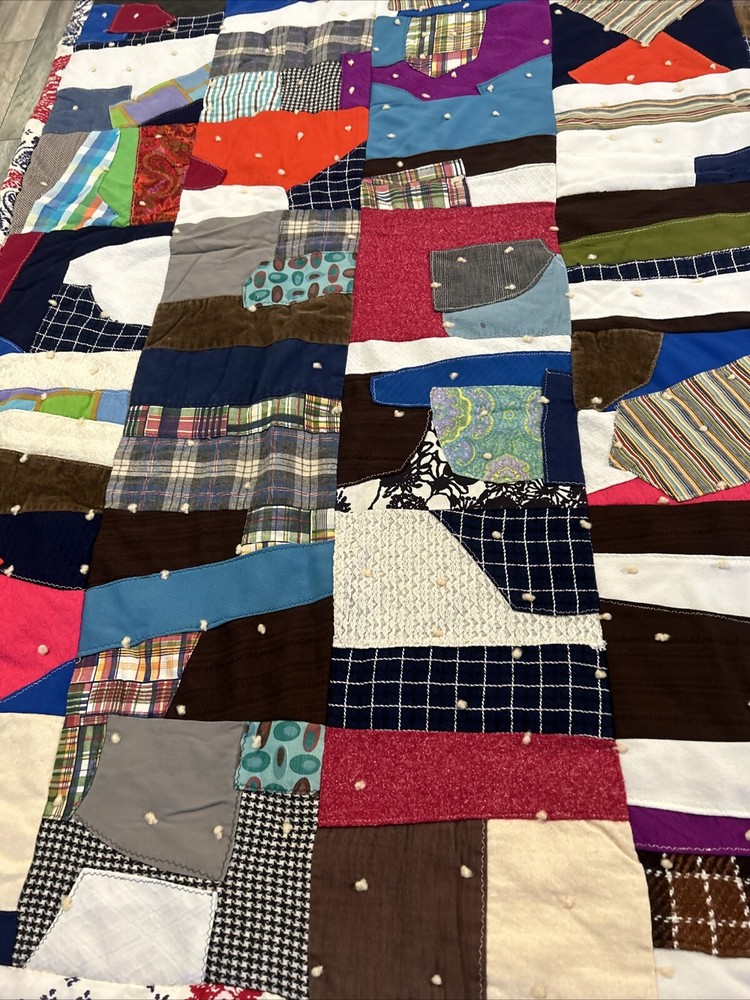 Crazy Patchwork Quilt Double Sided Handmade 78x65 Vintage 70s