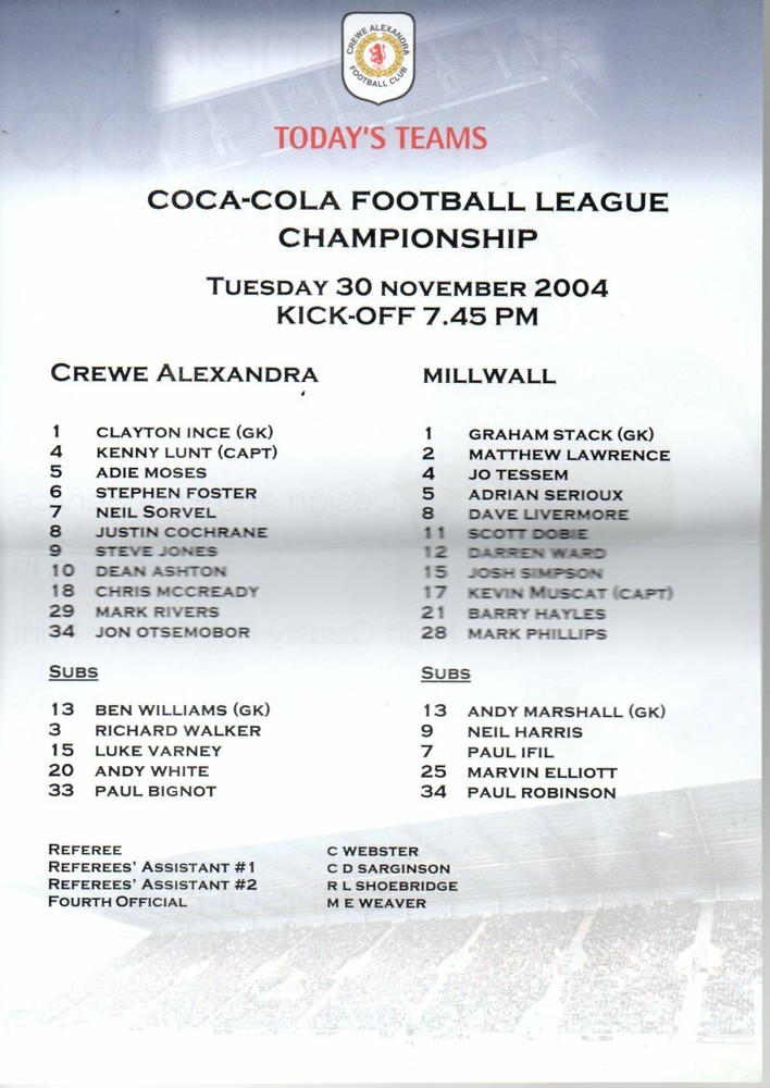 Team Sheet - Crewe v Millwall 30.11.2004