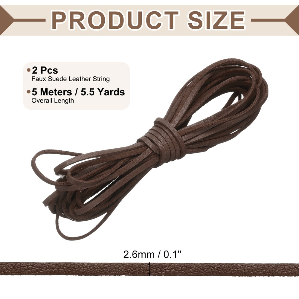 2 Pcs Flat Suede Leather Cord, 5.5 Yards 2.6mm Craft Braid String, Coffee