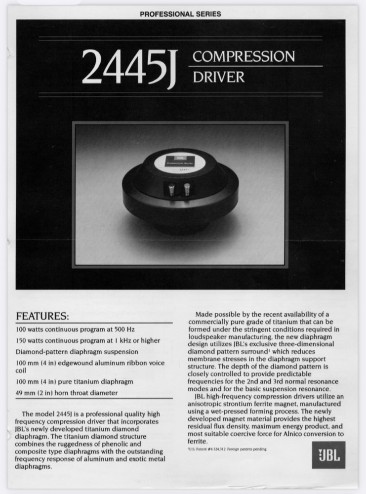 JBL 2445J—2” Compression Driver—Crossover At 500hZ & Up