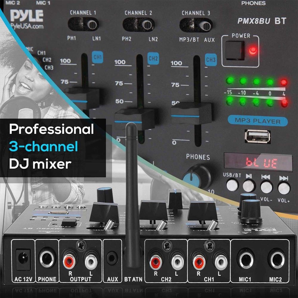 Pyle Wireless DJ Audio Mixer - 3 Channel Bluetooth Compatible DJ Controller S...
