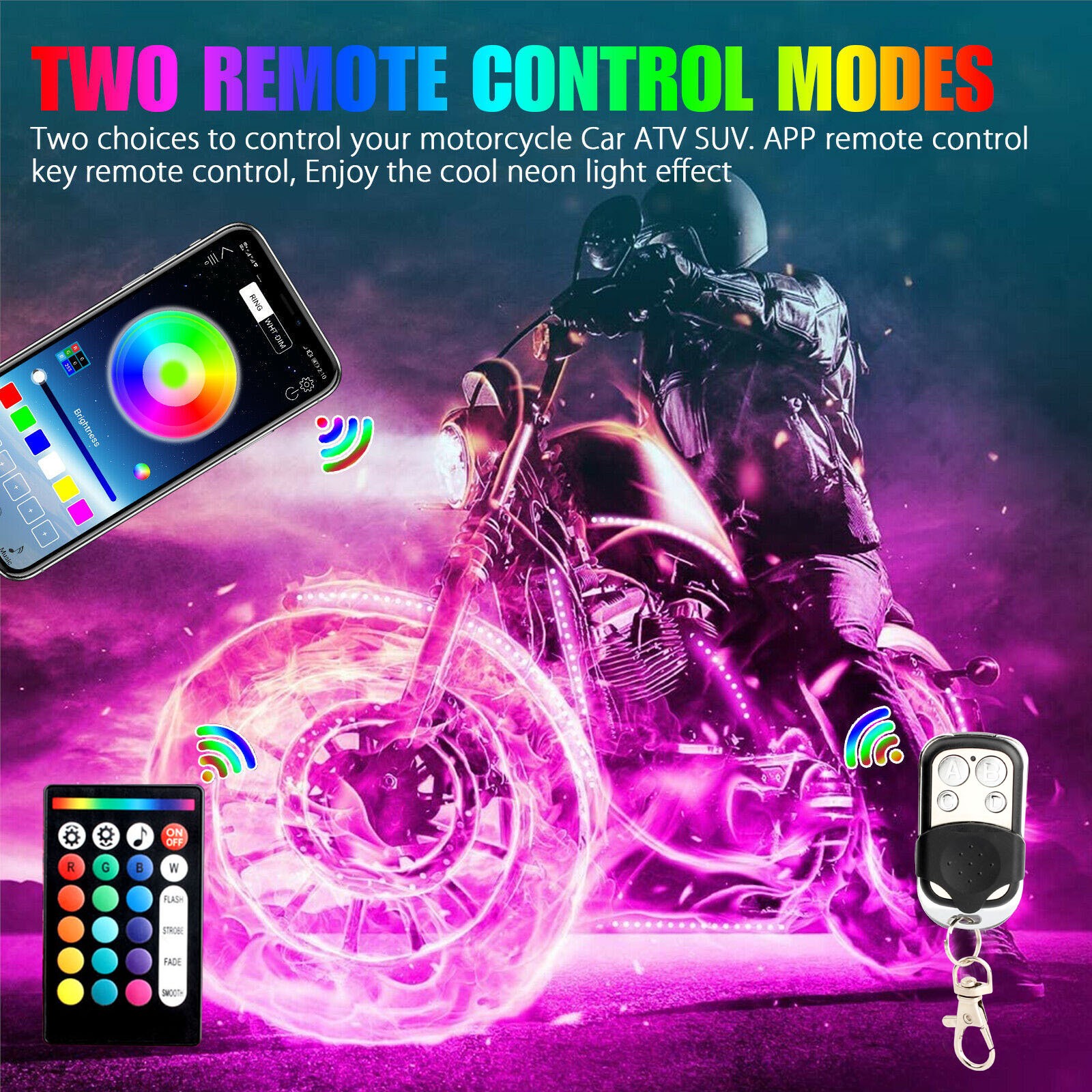 16PC RGB Bluetooth Motorcycle LED Light Under Glow Neon Strip Remote Control Kit