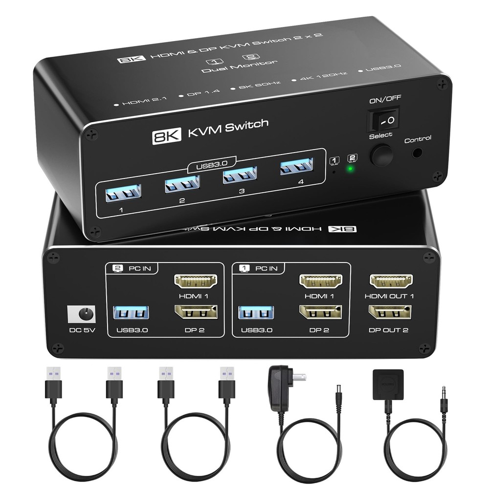 KVM Switch 2 Monitors 2 Computers, 8K60Hz KVM Switch HDMI Extended Display, 4...