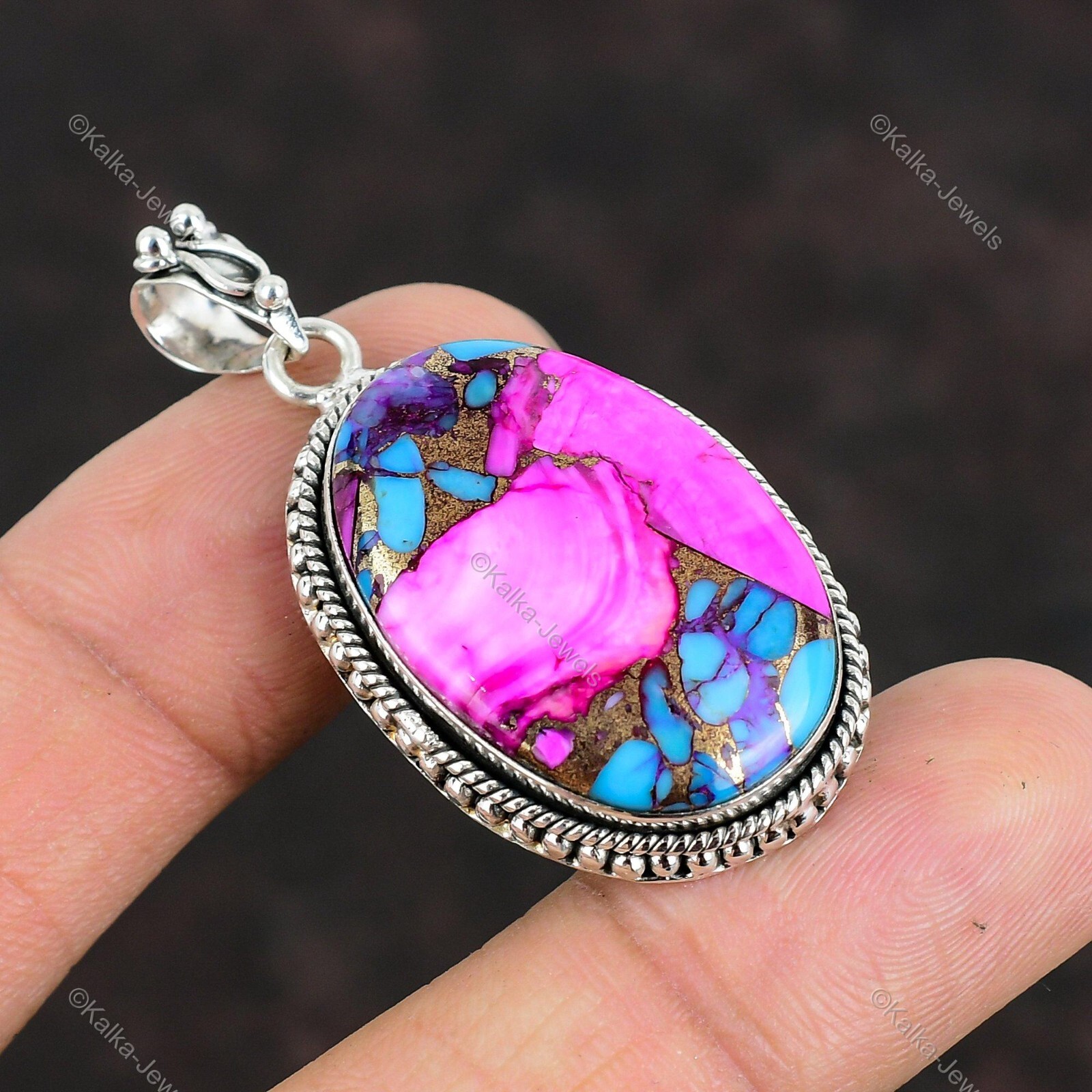 Natural Kingman Dahlia Turquoise Gemstone Pendant Pink 925 Sterling Silver
