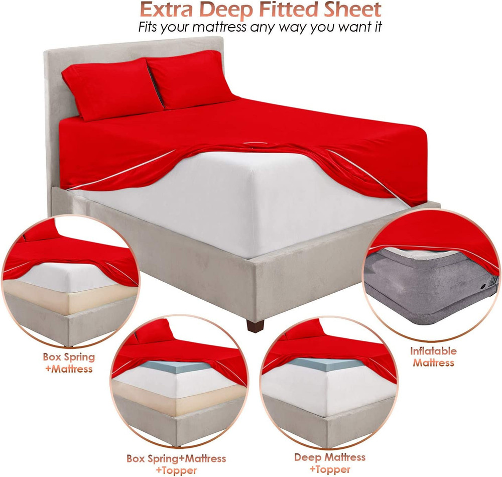 Queen Sheets Sets - 6 Piece, Extra Deep Pocket, Microfiber, Cherry Red
