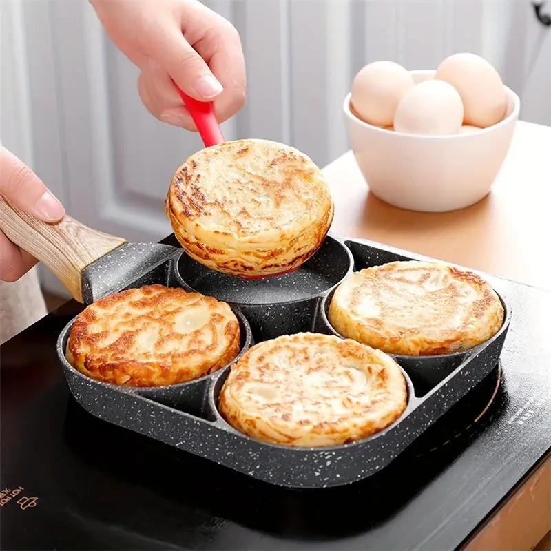 4-Cup Fried Egg Frying Pan Nonstick Pancake Pans with wooden handle