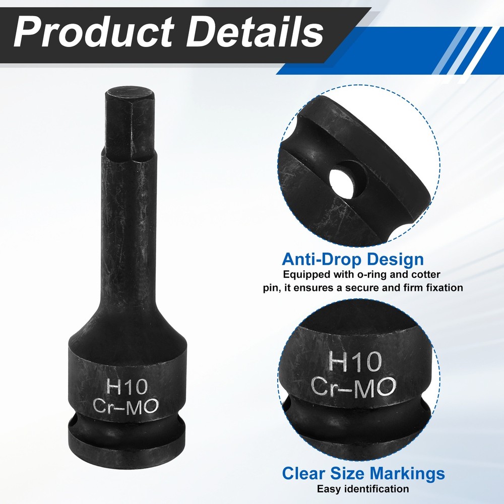 2pcs 1/2" Drive Impact Hex Bit Socket 10mm Metric CR-MO Steel Hexagonal Socket