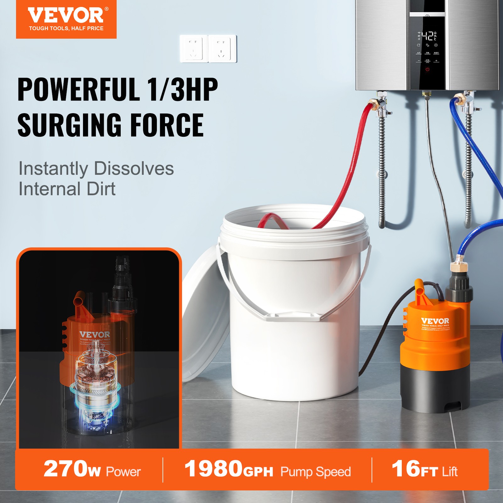VEVOR Tankless Water Heater Flushing Kit w/ Pump & 5 Gallon Pail & Descaling