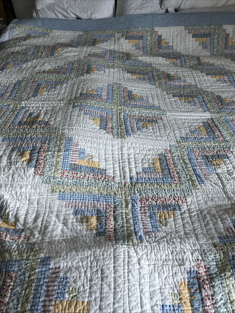 Queen Quilted Blue Log Cabin All Cotton Patchwork Quilt 88x100