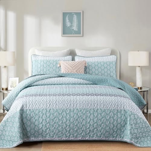 Quilt Set Size Boho Striped Bedspread Lightweight Soft Microfiber King Aqua