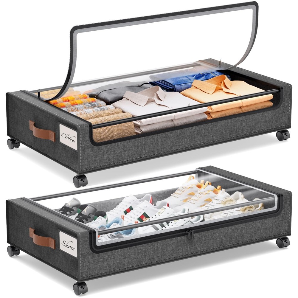 Under Bed Storage with Wheels, 2Pack Under Bed Storage Containers, Underbed S...