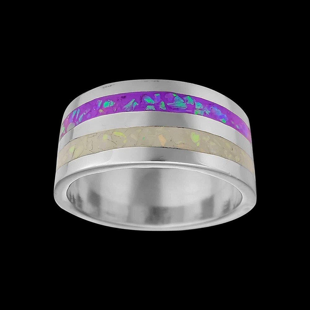 925 Sterling Silver White & Violet Opal Two-Loop Statement Ring - Handmade...