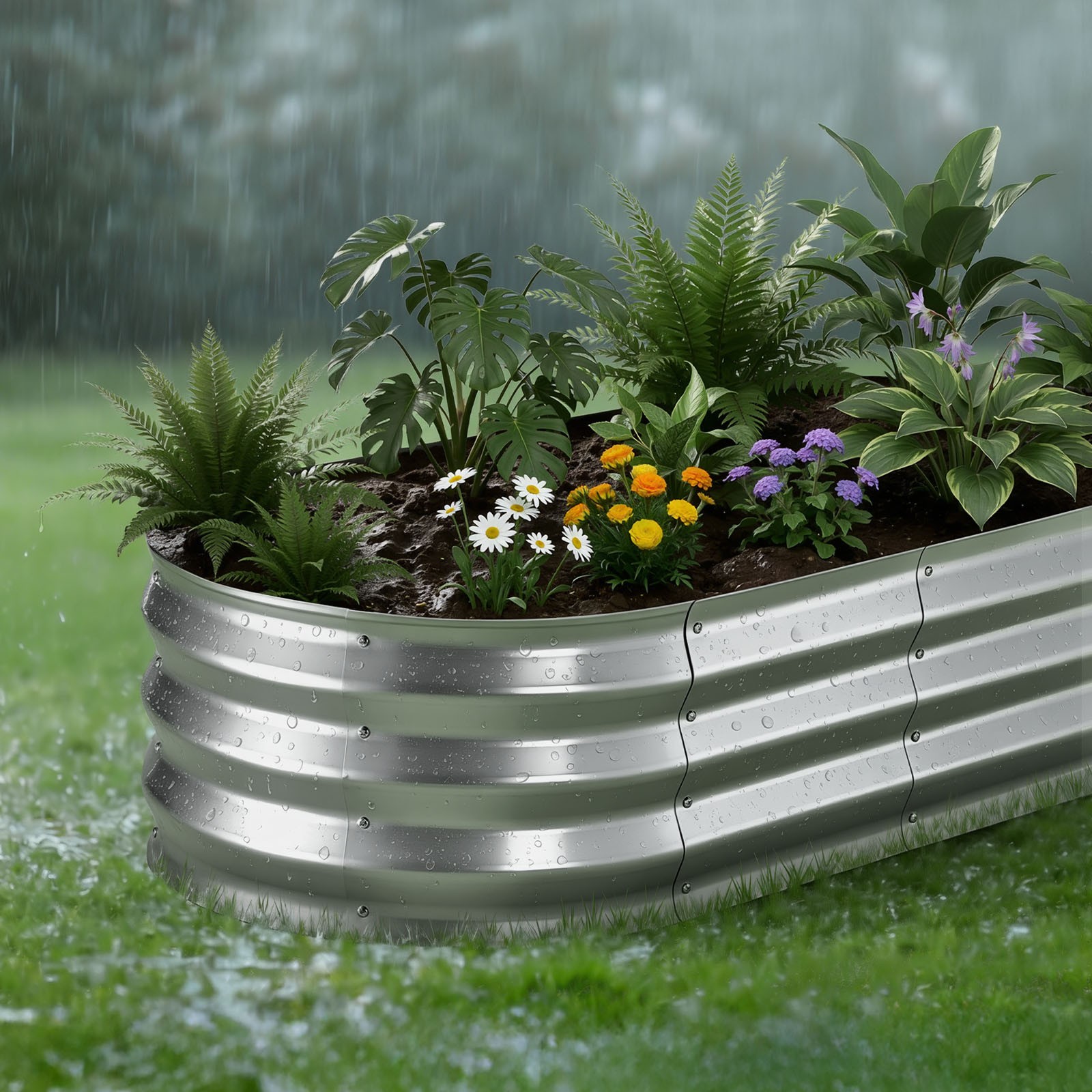 VEVOR 2 Pcs Galvanized Raised Garden Beds 4 x 2 x 1 ft Oval Planter Box Silver