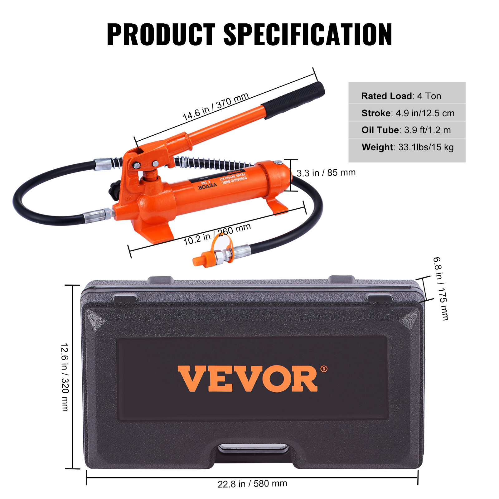 VEVOR 4 Ton Porta Power Hydraulic Jack Air Pump Lift Ram Body Frame Repair Kits