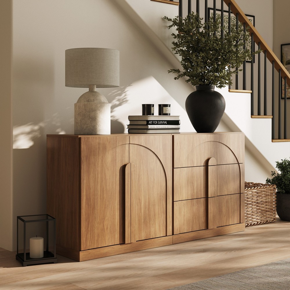 Modular Sideboard Cabinet Set with Storage, Camel/Ebony