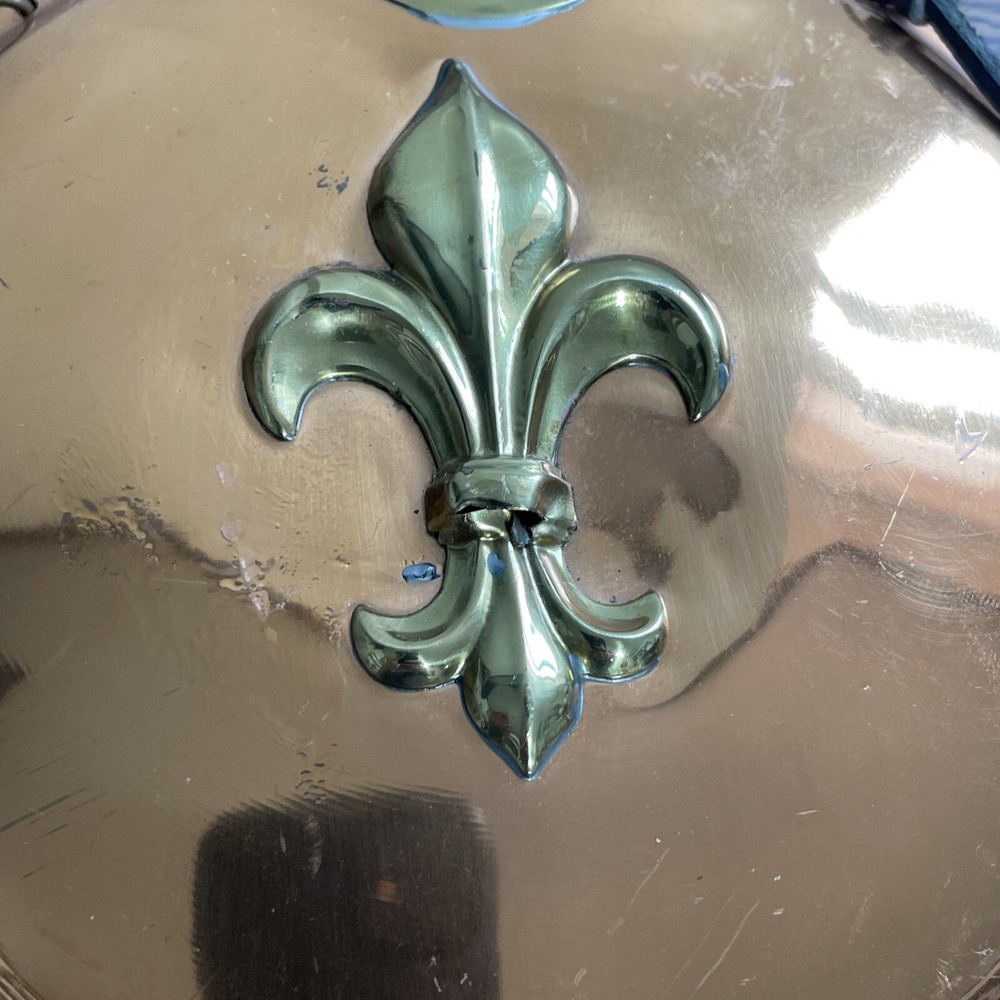 Vintage Solid Brass 2 Tone Fleur de Lys Decor Powder Flask Leather Strap England