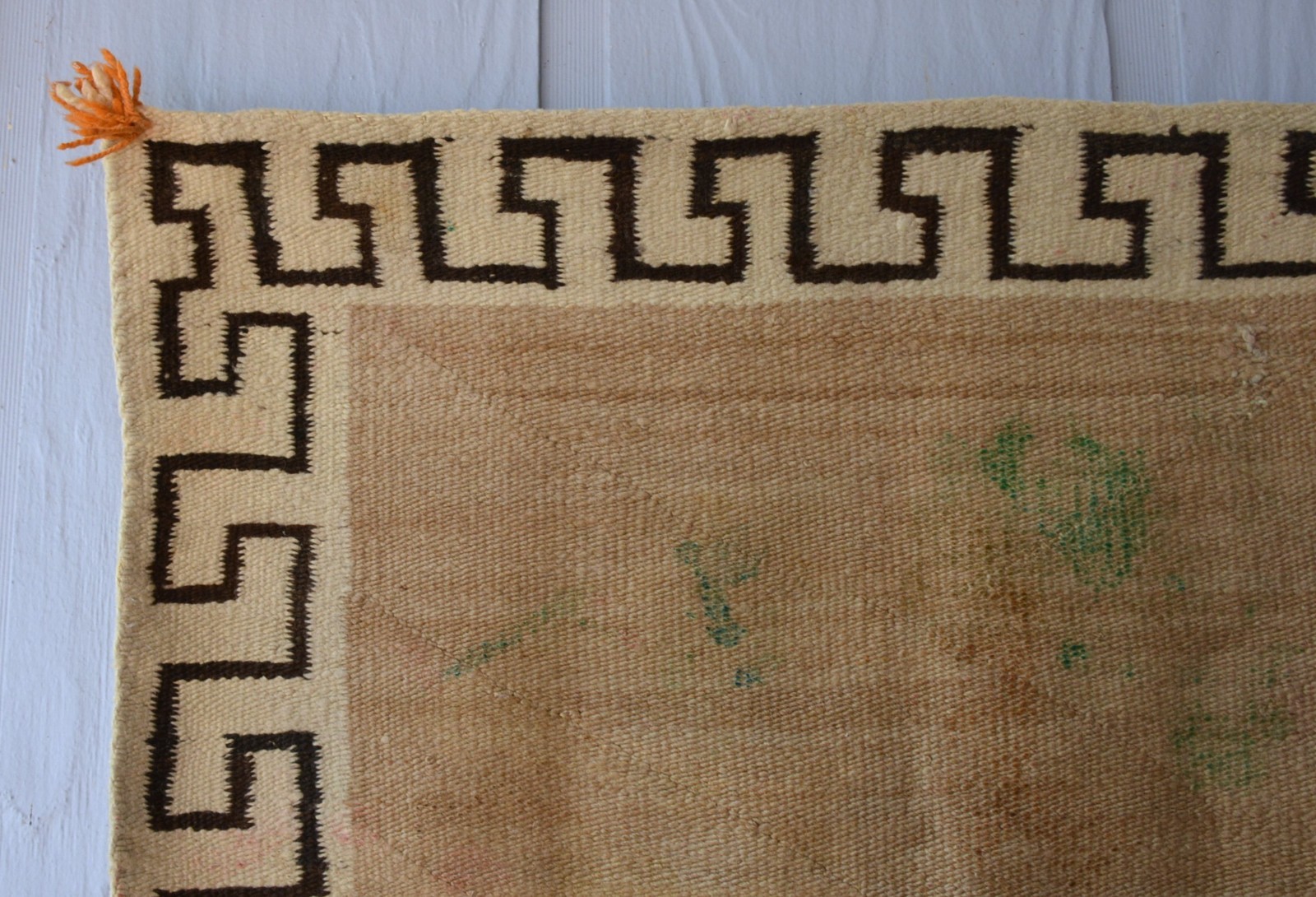 Rare Open Field Navajo Saddle Blanket Rug - Wide Greek Key Border - 28" x 31"