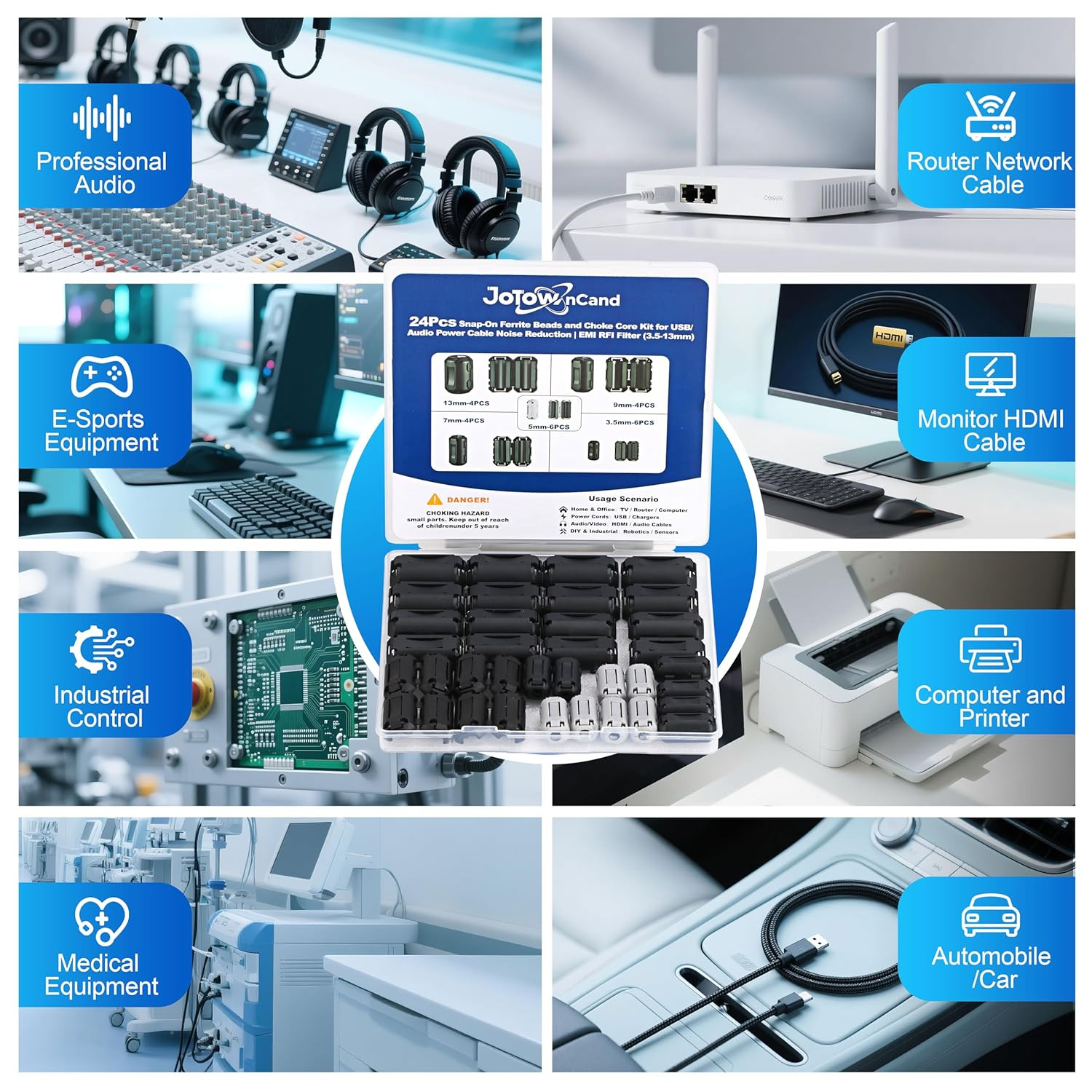 24Pcs Professional Ferrite Beads, Snap-On Ferrite Choke Core Kit for Usb/Audio/P