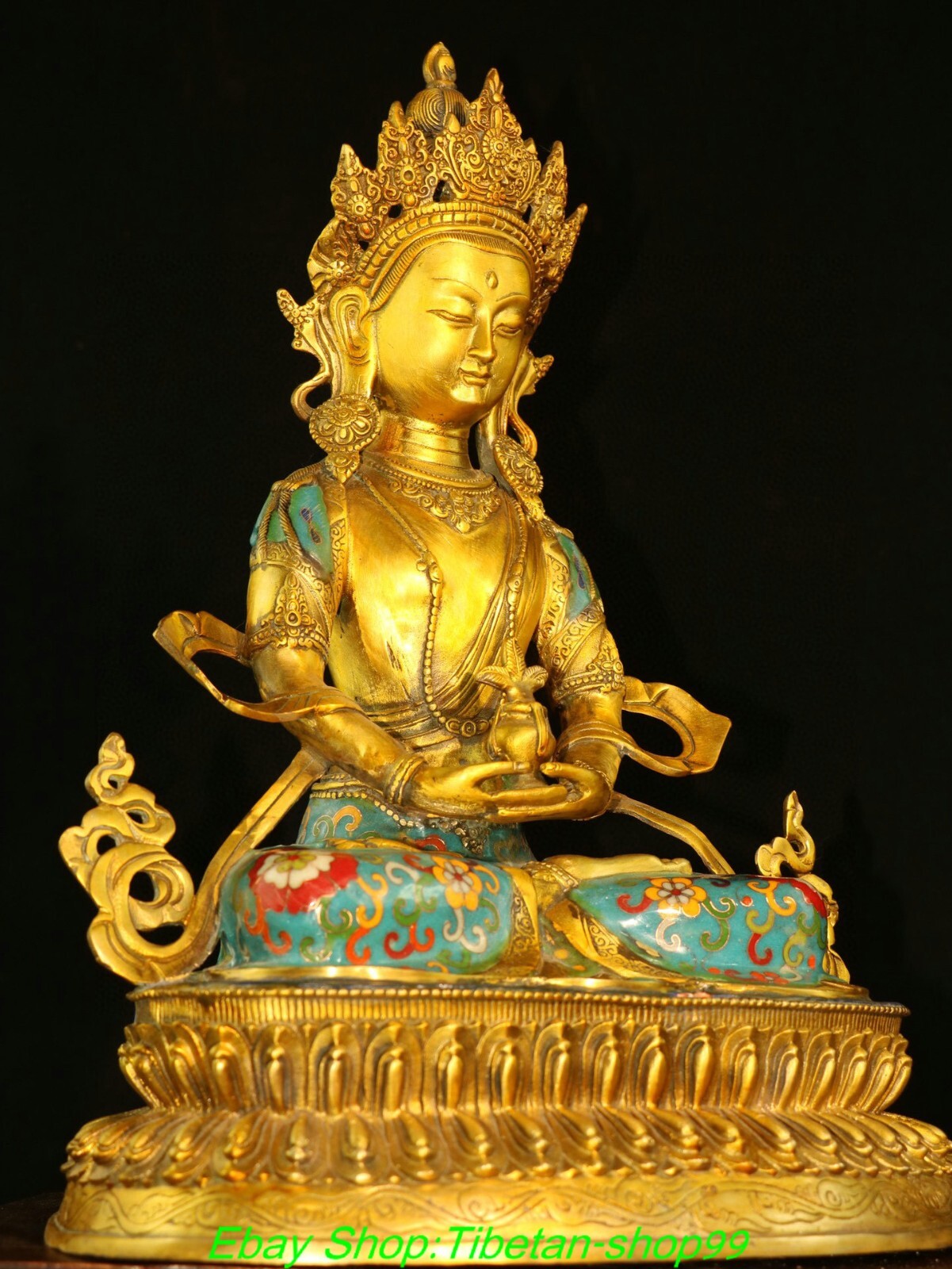 17.7" Old Bronze Cloisonne Enamel Gold Amitayus longevity God Goddess Statue