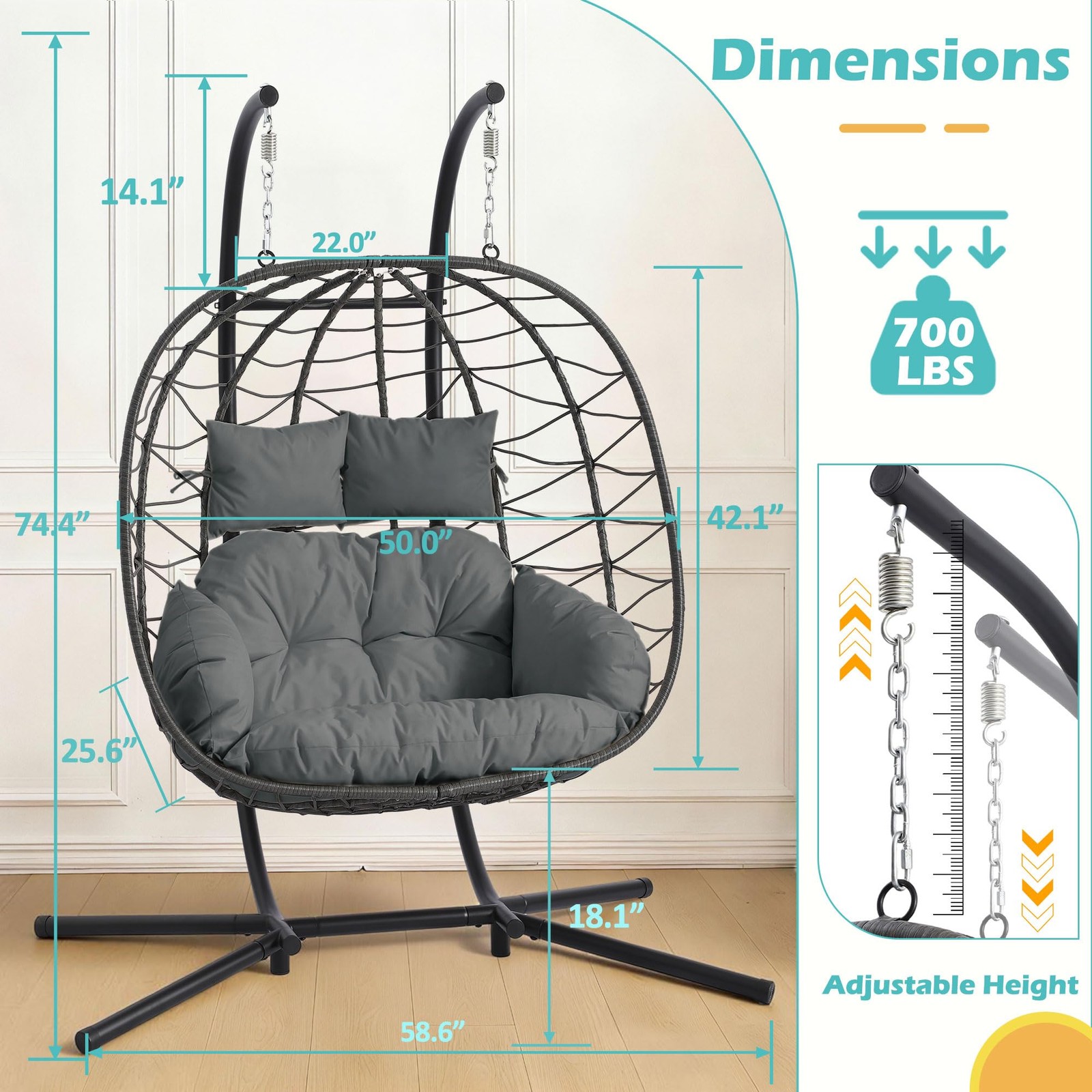 Double Outdoor Hanging Egg Chair with Stand & Oversized Cushion