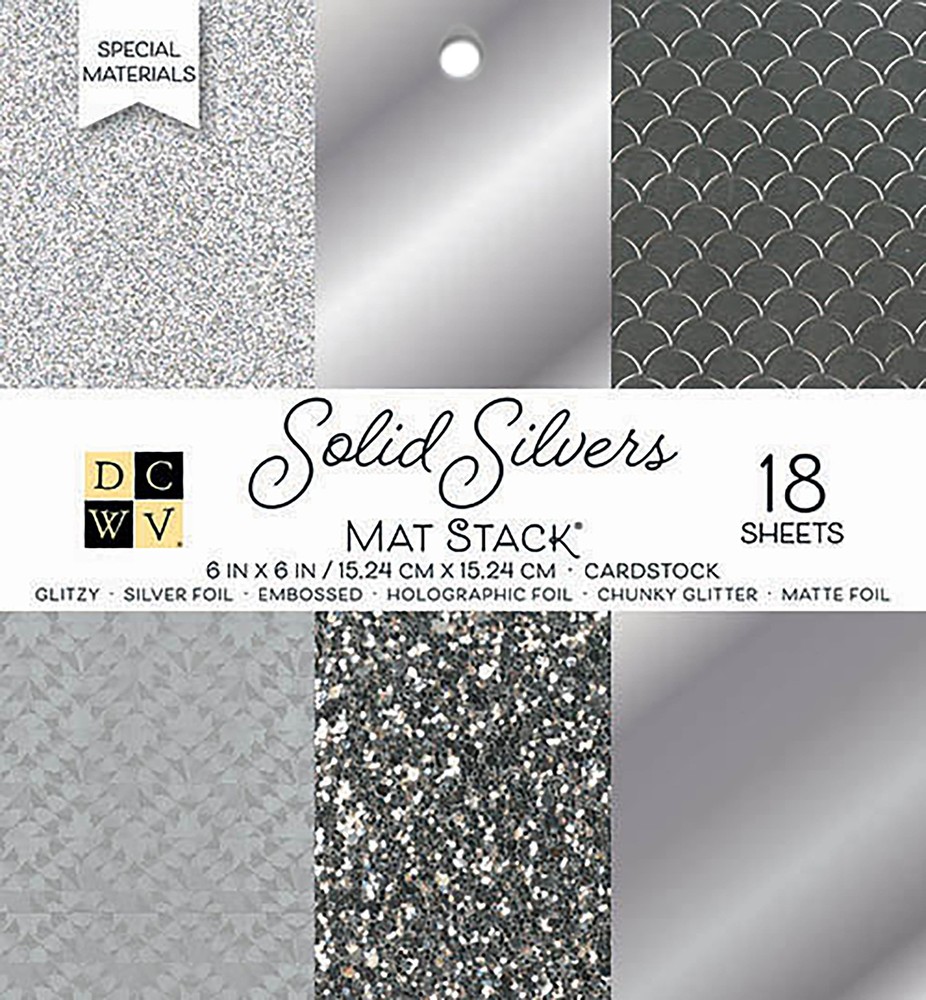 DCWV Single-Sided Cardstock Stack 6"X6" 18/Pkg-Solid Silvers Glitter &  - 3 Pack
