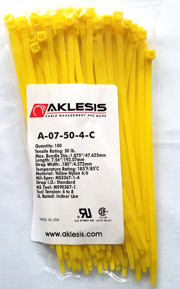 Zip Ties 7.5" Yellow Cable Zip Ties - 100 Quantity