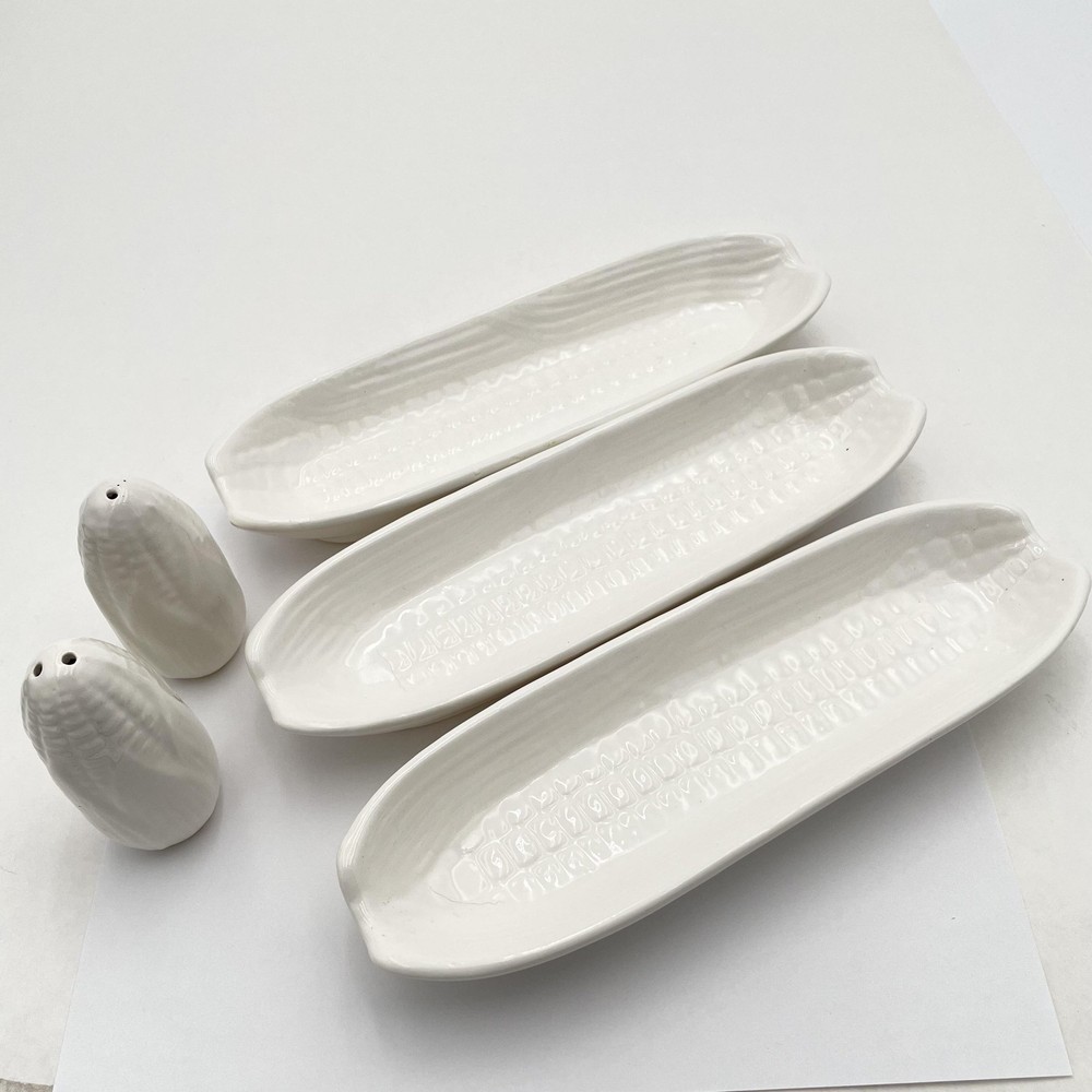 Ceramic Corn Serving Trays Set Of 3 With Salt Pepper Shakers White Kitchen