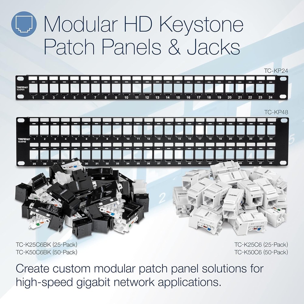 24-Port Blank Keystone Patch Panel for Cat6 Jacks, 1U Rack