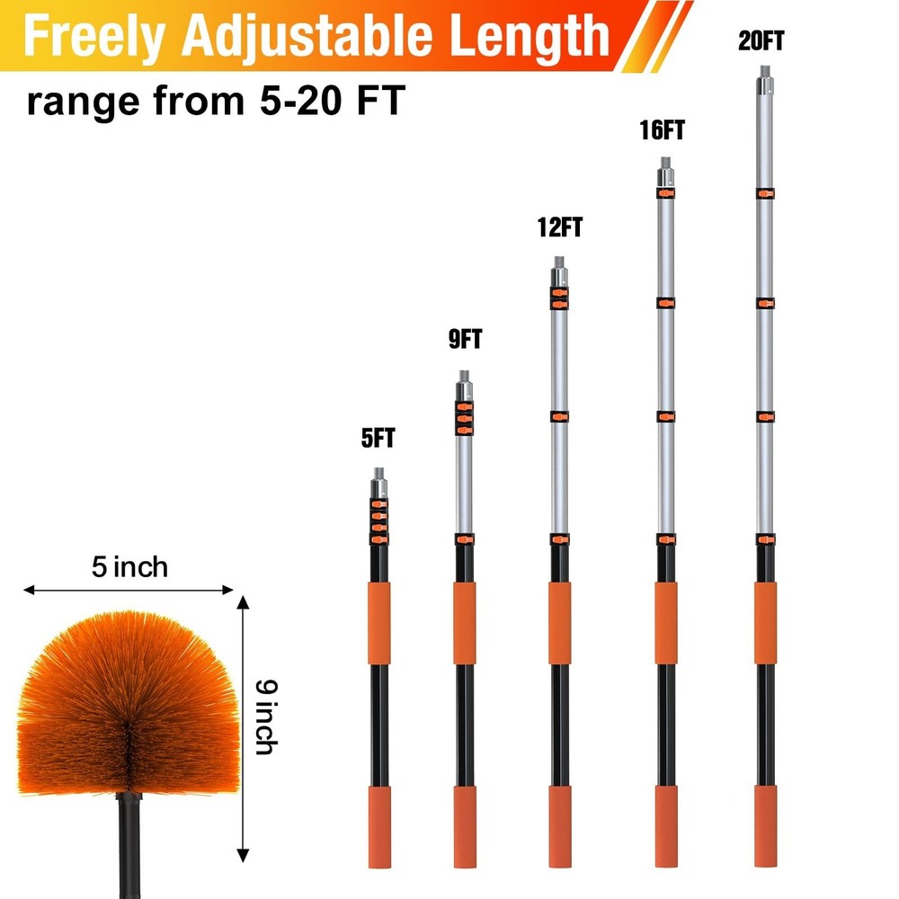 20FT Cobweb Duster with Extension Pole, Spider Web Brush for Cleaning Extenda...