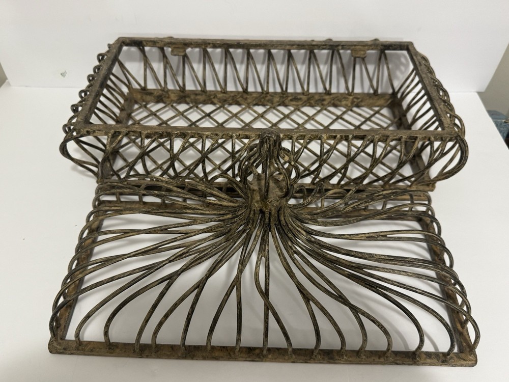 Large Rustic Cast Iron Open Work Basket With Lid