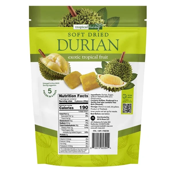 Tropical Fields Durian, Soft Dried, 1.76 oz, 7 ct