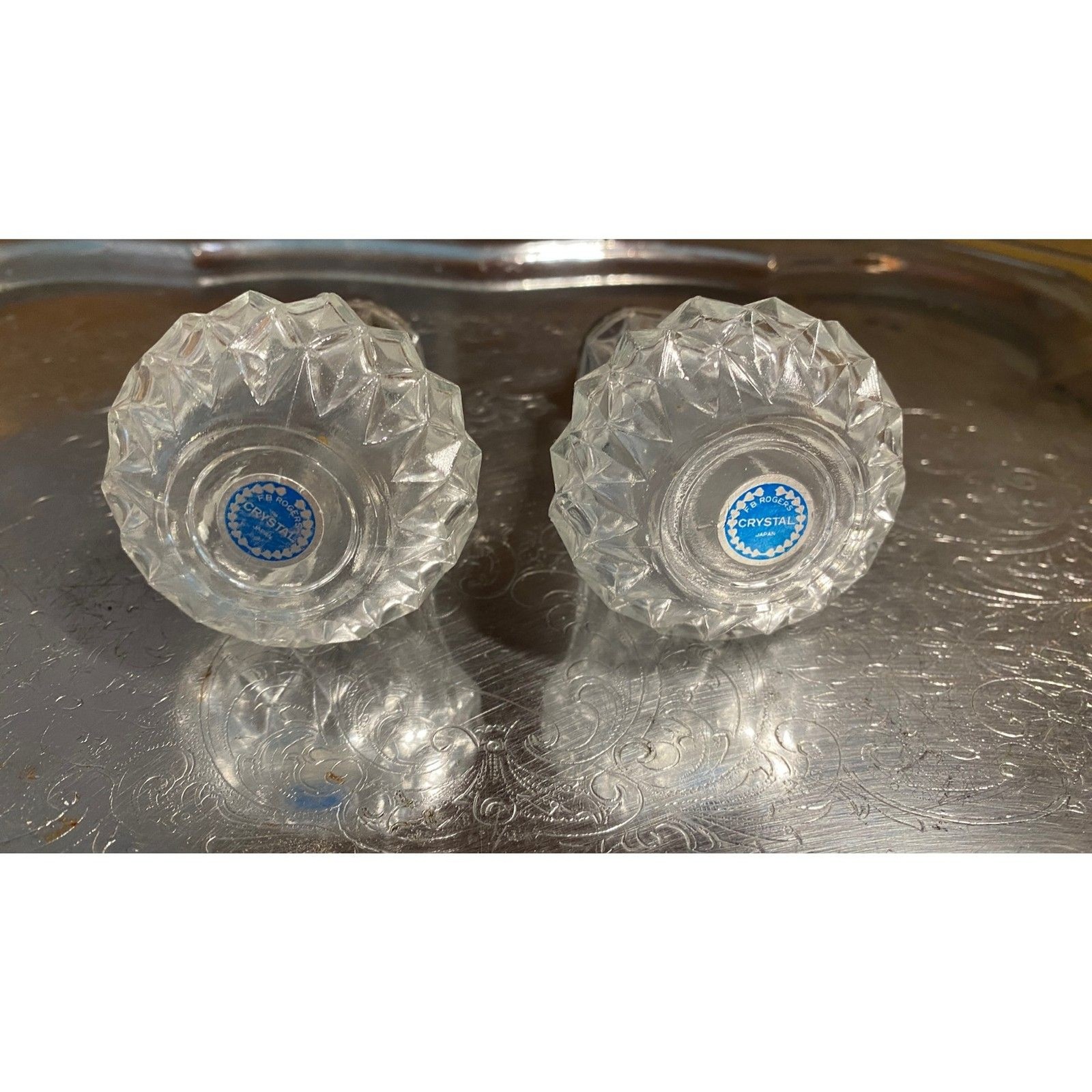 Vintage FB Rogers Crystal Salt & Pepper Shakers Japan Silver Plate Tops
