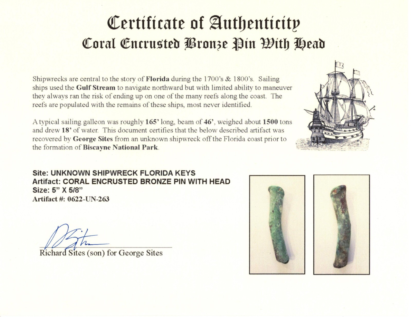 Unknown Florida Key's Shipwreck Bronze Artifact Encrusted Bronze Pin #263 Atocha