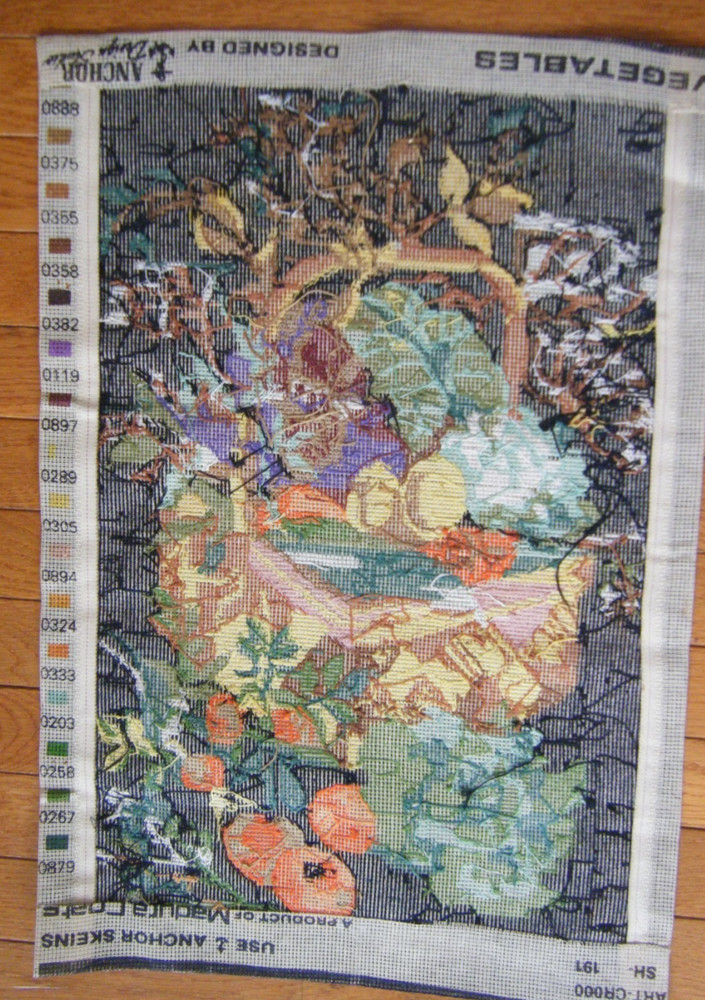 Antique fruit &vegetable basket cross stitch canvas tapestry work decor panel