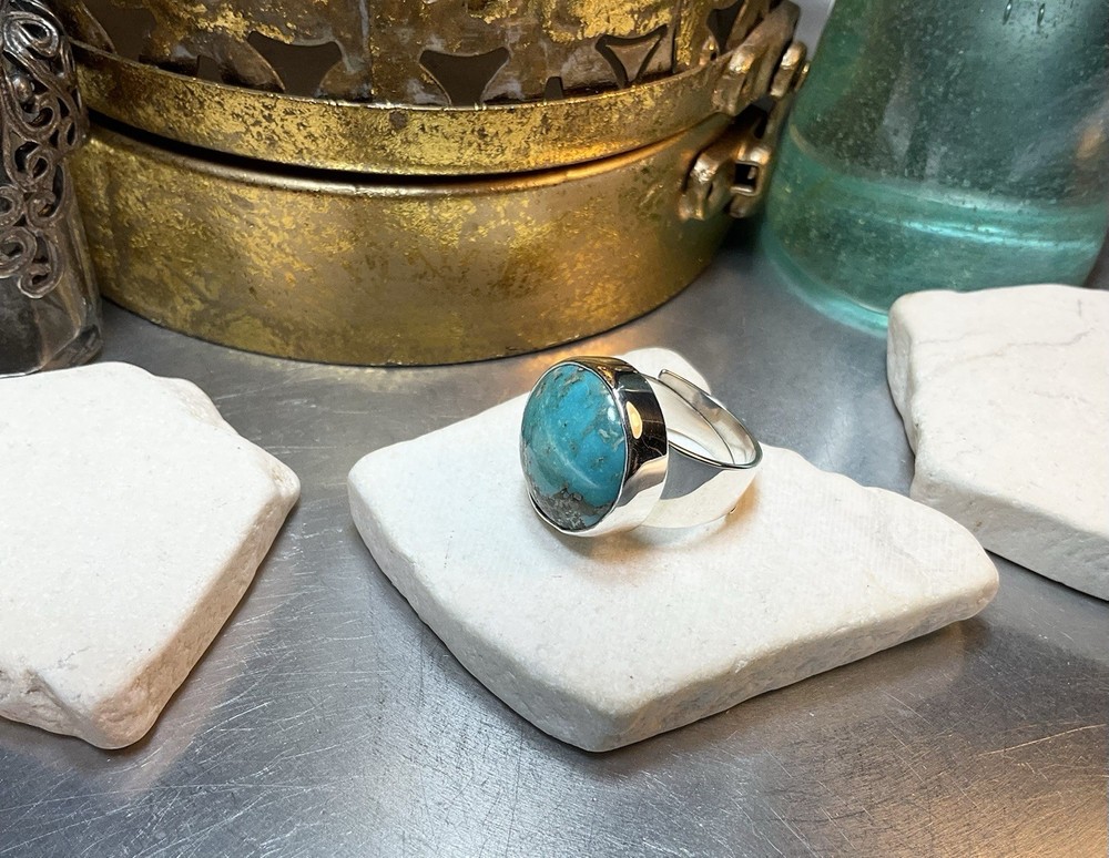 Genuine 925 Sterling Silver Round Turquoise Gemstone Adjustable Ring Size 8